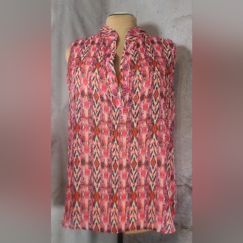 Sheer Pink Magenta Hot Pink Black Sleeveless Hi Low Top, Spring Summer Top XL
